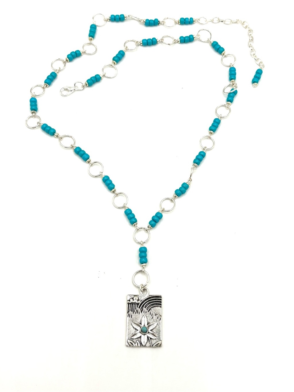 Hand Crafted Turquoise Blue Linked Beaded Pendant Lariat Necklace - Picture 7 of 8
